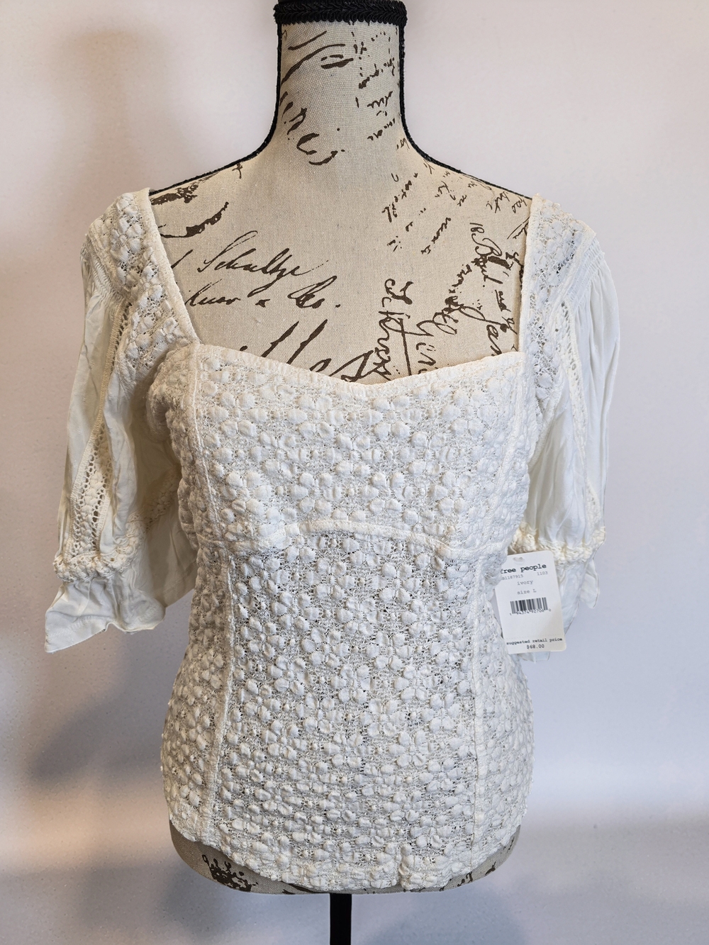 Free People Spring Fling Lace Puff Sleeve Top Size L NWT